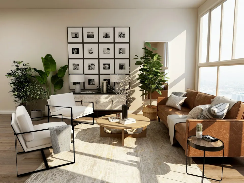 Sunlit living room with natural materials, indoor plants, and generous windows